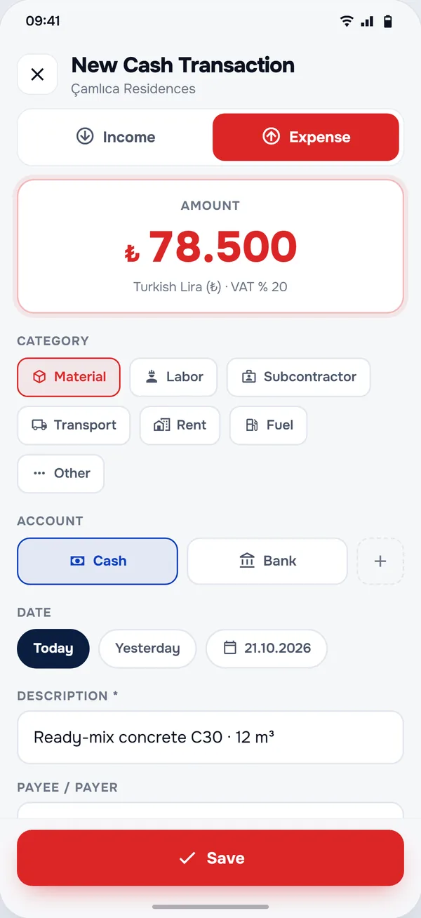Cash Book screen in the StructurePrime app