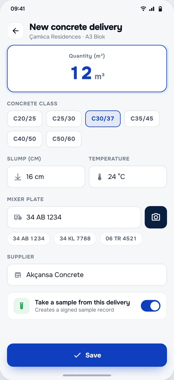 Concrete Pours screen in the StructurePrime app