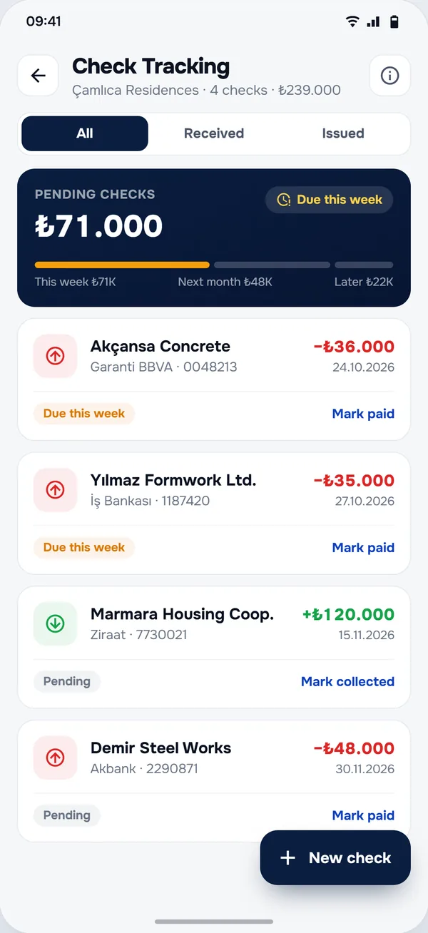 Cheques screen in the StructurePrime app