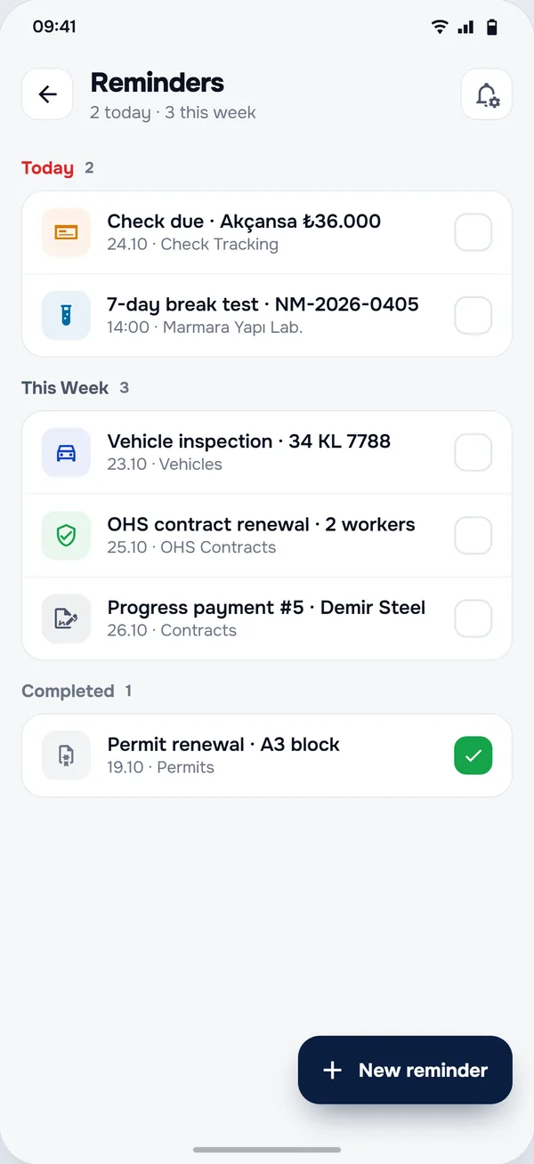 Reminders screen in the StructurePrime app