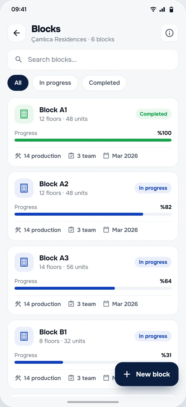 Buildings & Blocks screen in the StructurePrime app