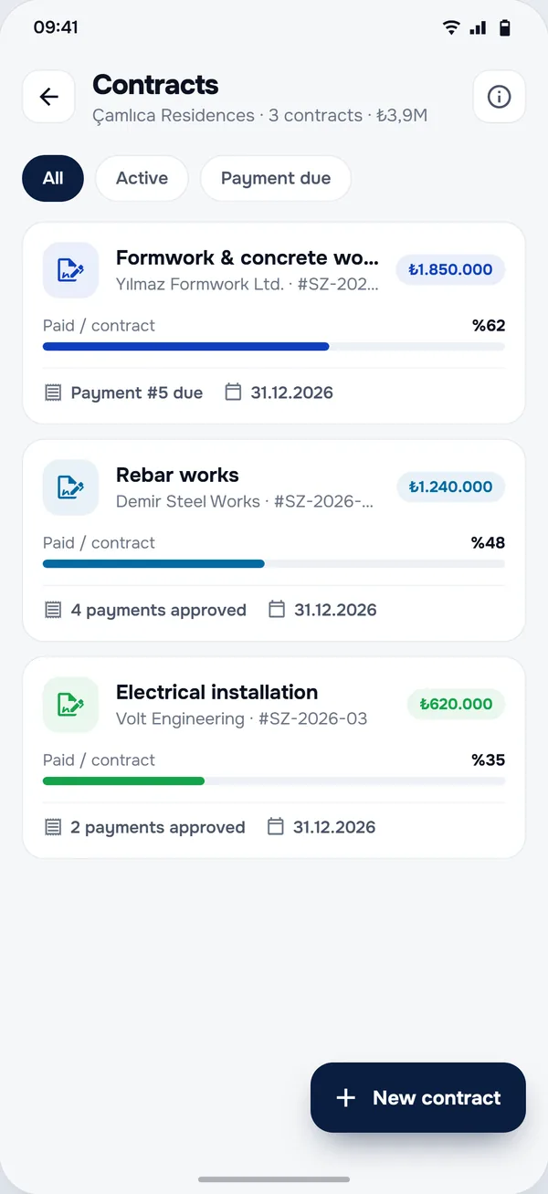 Contracts screen in the StructurePrime app