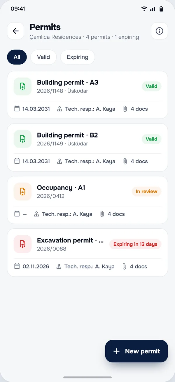 Building Permits screen in the StructurePrime app