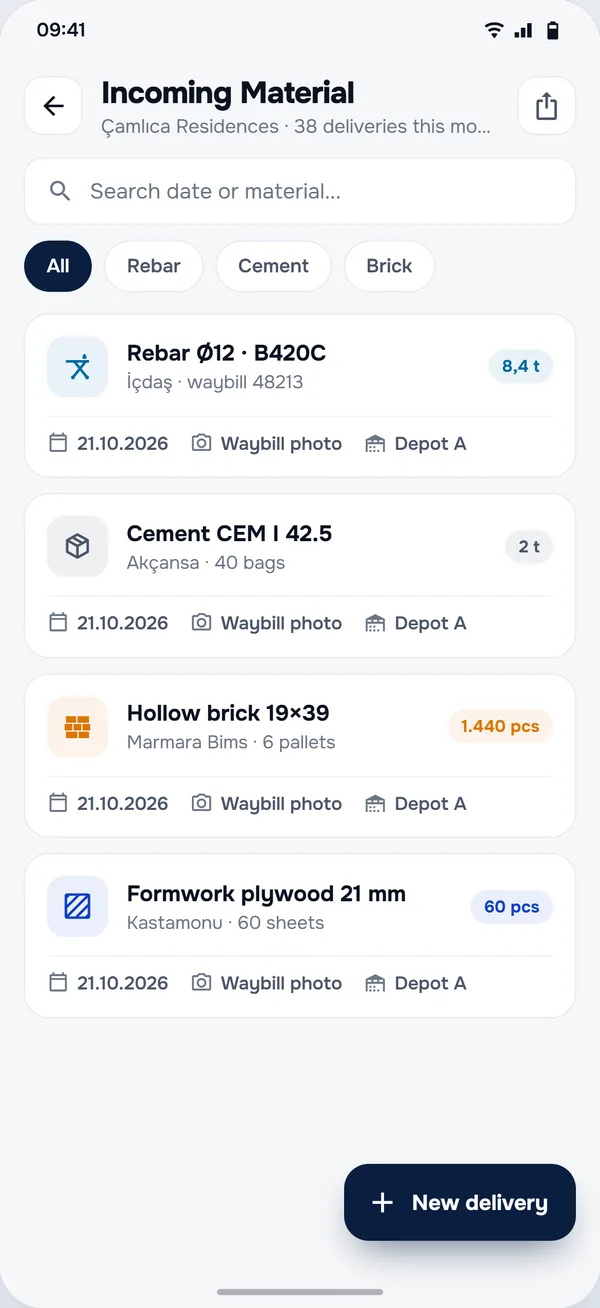 Goods Received screen in the StructurePrime app