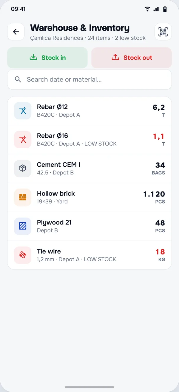 Warehouse & Inventory screen in the StructurePrime app