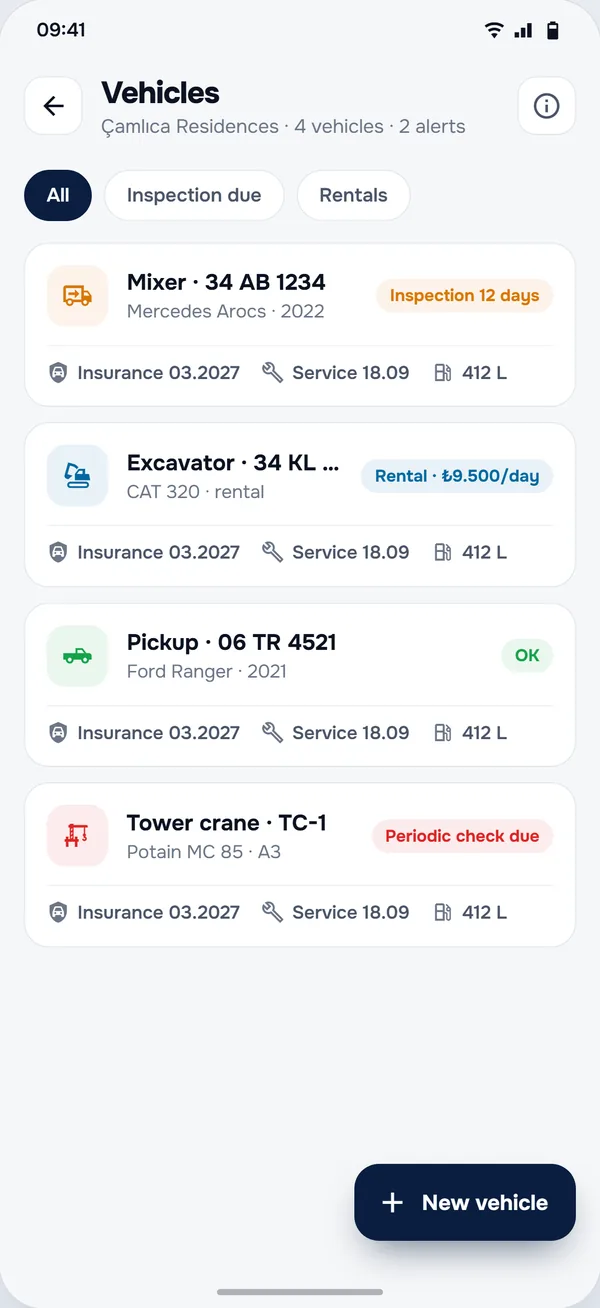 Vehicles screen in the StructurePrime app