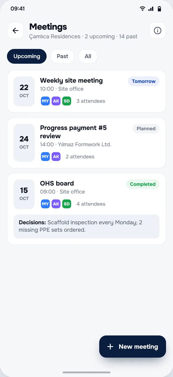 Meetings screen in the StructurePrime app