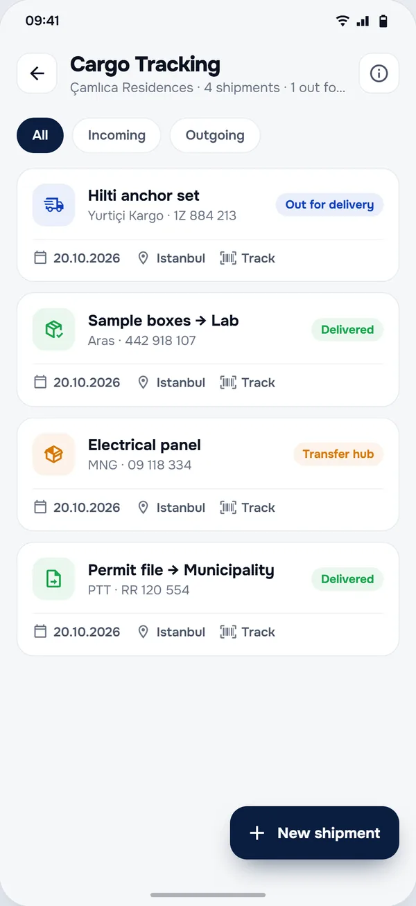 Parcel Tracking screen in the StructurePrime app