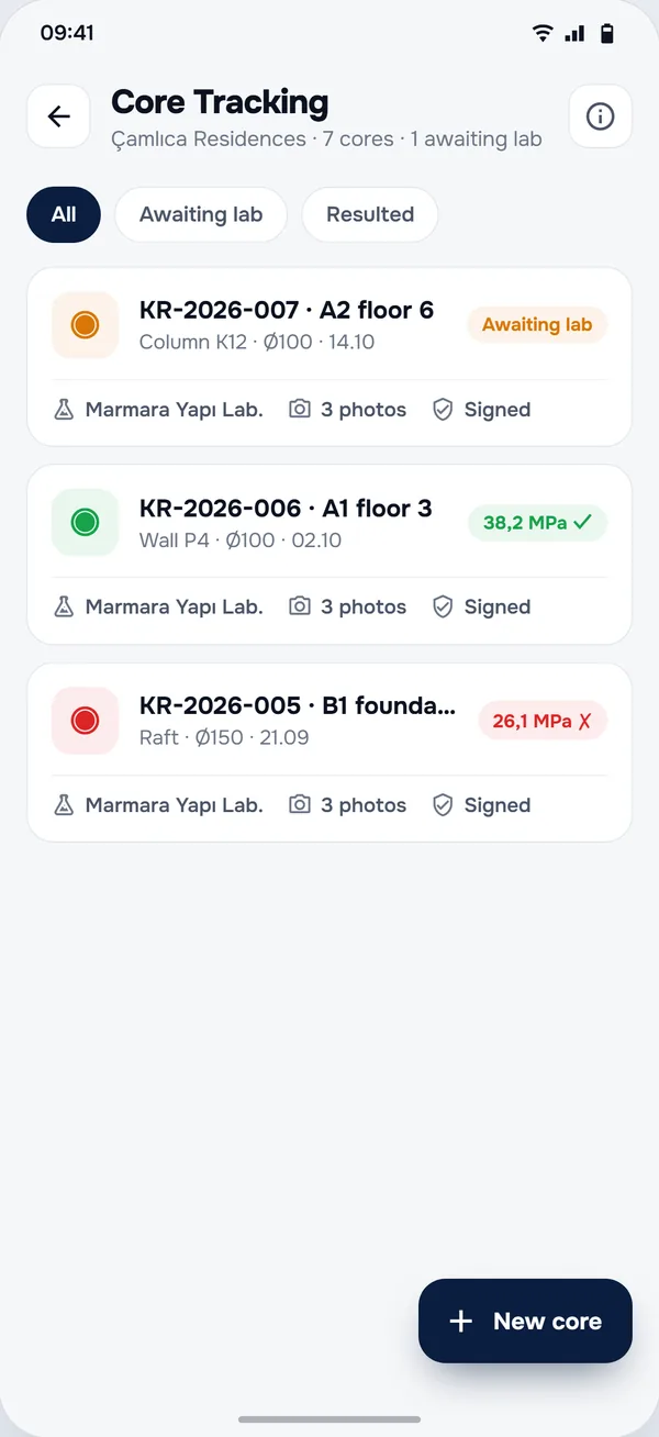 Core Testing screen in the StructurePrime app