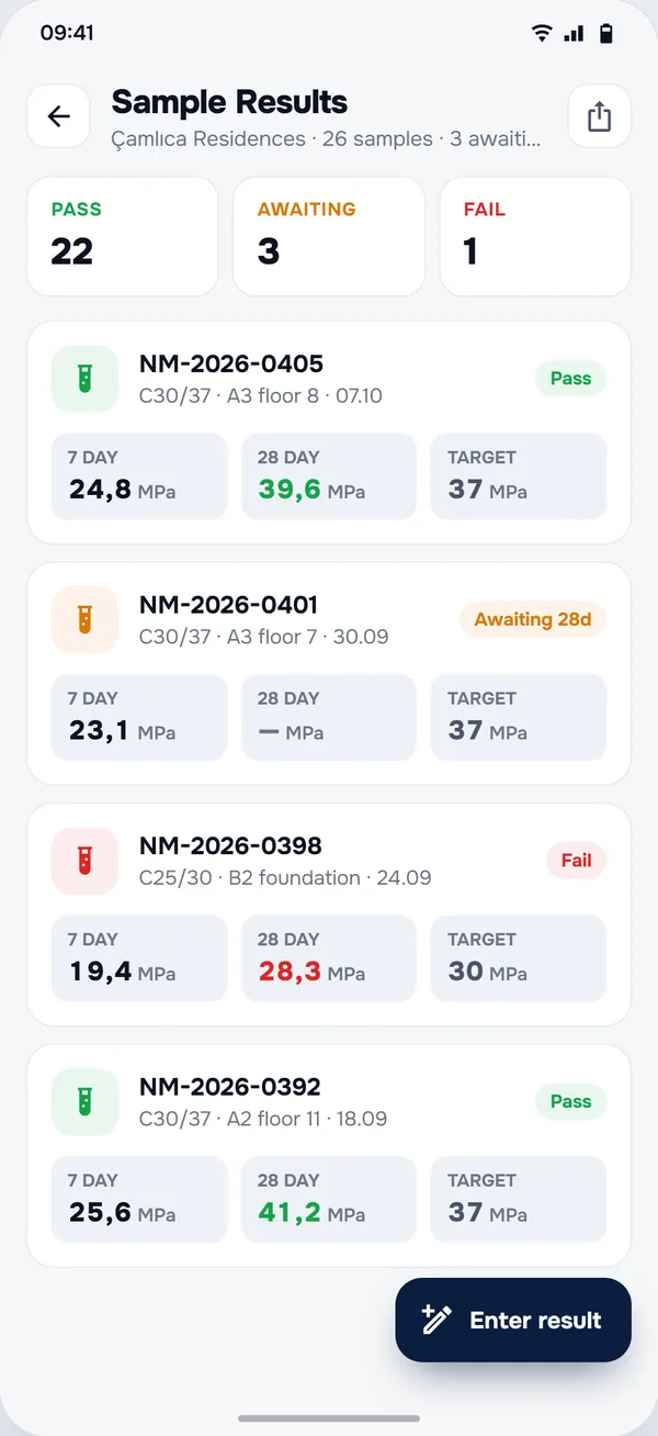 Sample Results screen in the StructurePrime app