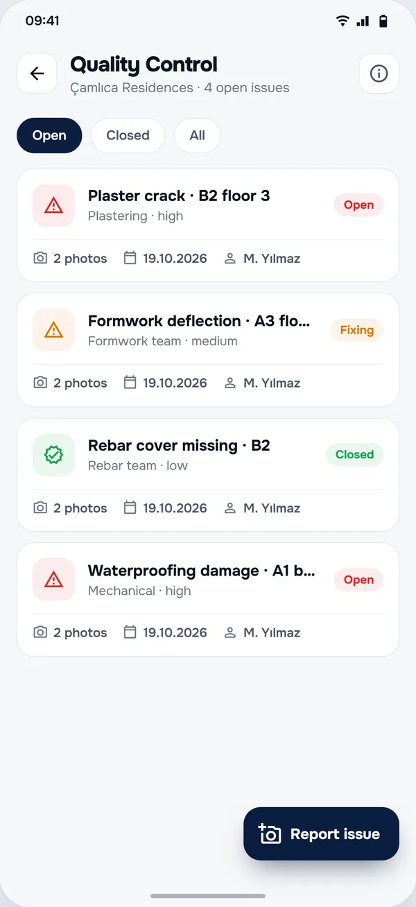 Quality Control screen in the StructurePrime app
