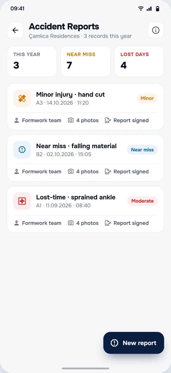 Accident Reports screen in the StructurePrime app