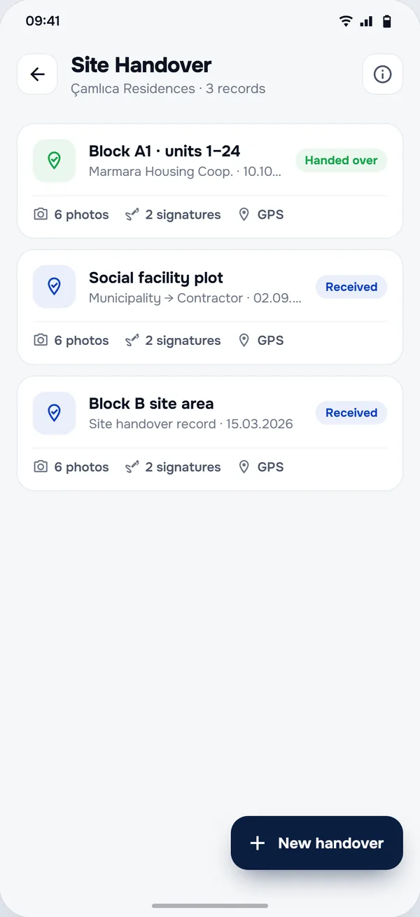 Site Handover screen in the StructurePrime app