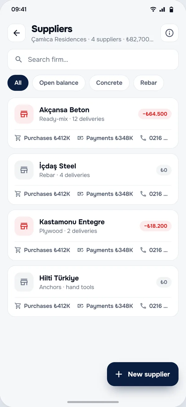 Suppliers screen in the StructurePrime app