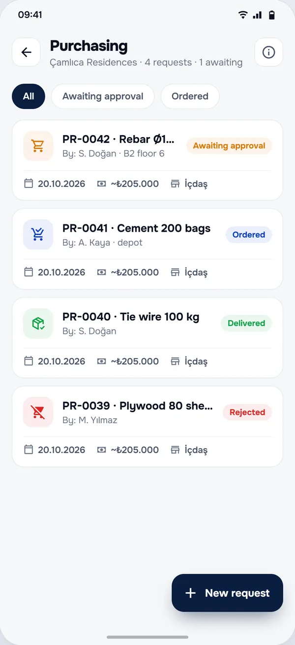 Purchase Requests screen in the StructurePrime app