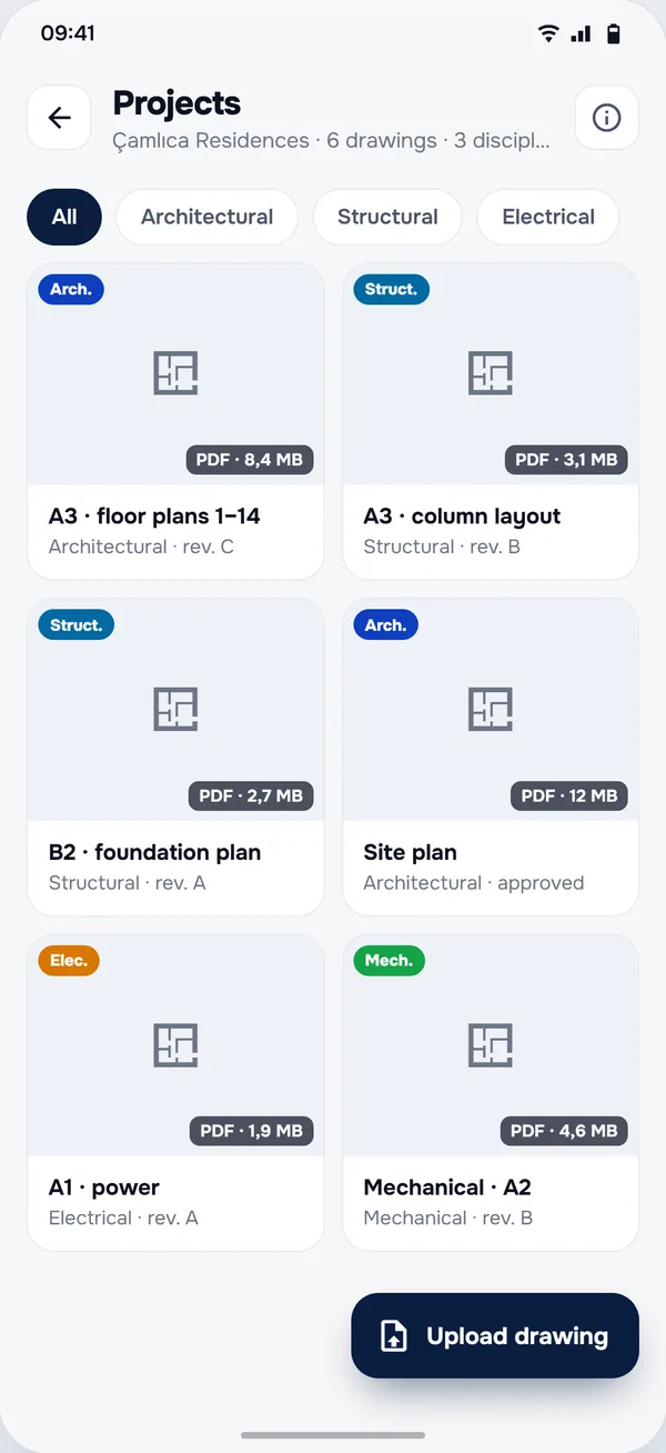 Drawings screen in the StructurePrime app