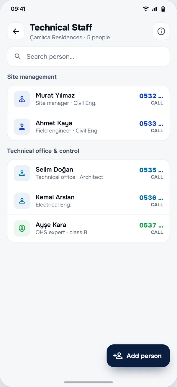 Technical Staff screen in the StructurePrime app