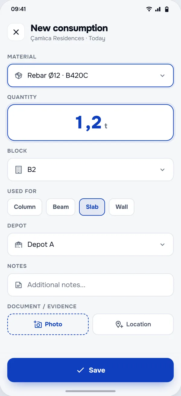Material Usage screen in the StructurePrime app