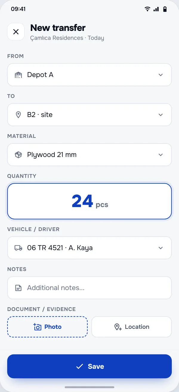 Internal Transfers screen in the StructurePrime app