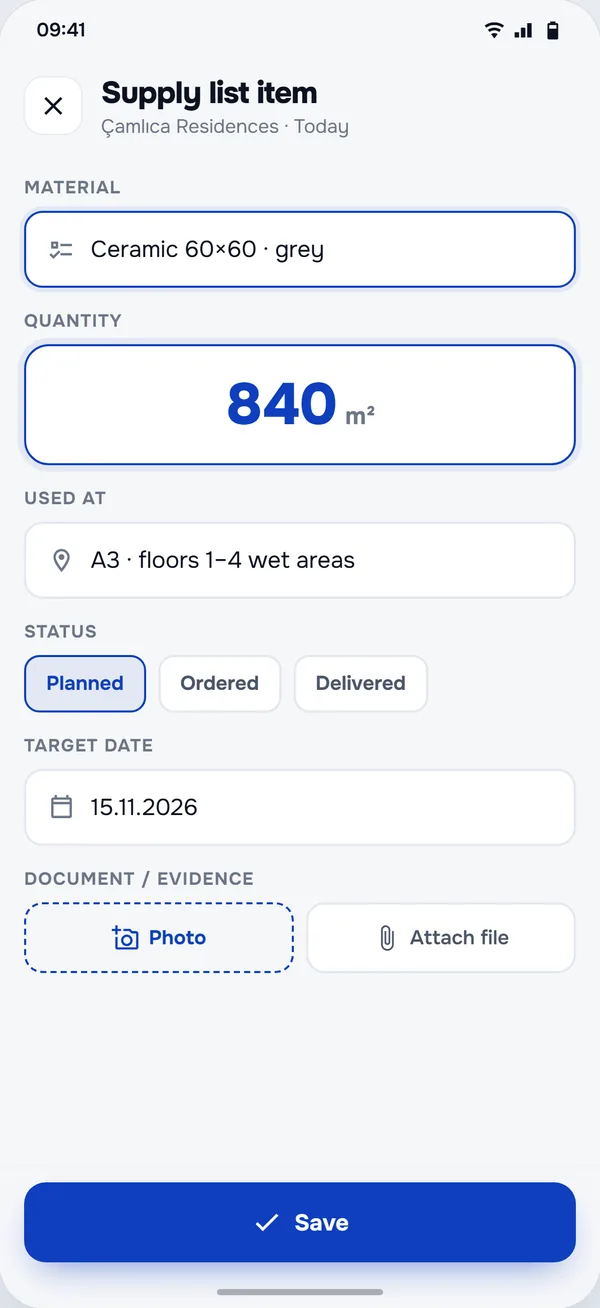 Supply List screen in the StructurePrime app