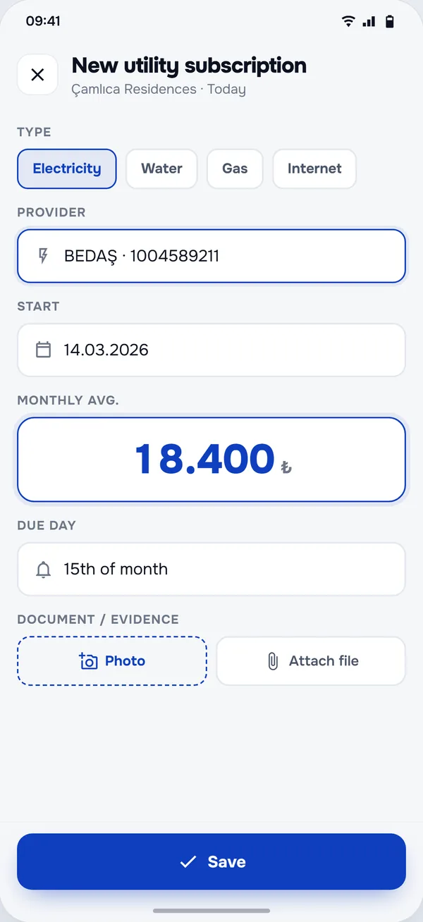 Utility Accounts screen in the StructurePrime app