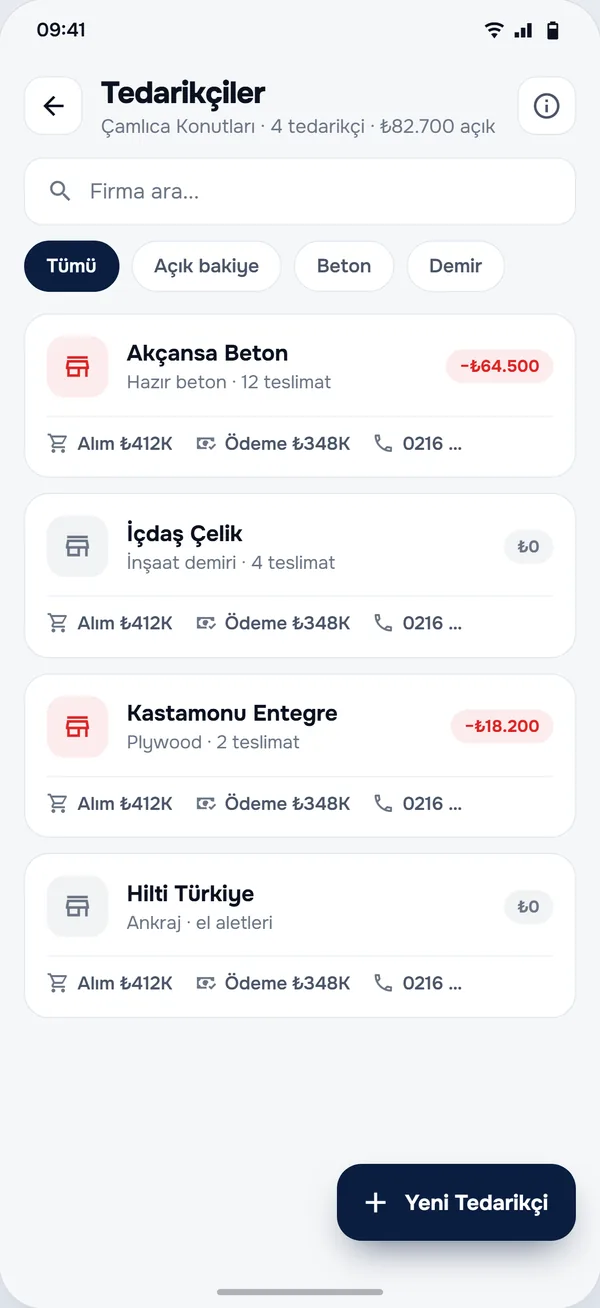 StructurePrime uygulamasında Tedarikçiler ekranı