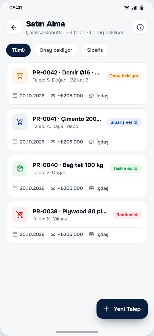 StructurePrime uygulamasında Satın Alma Talepleri ekranı